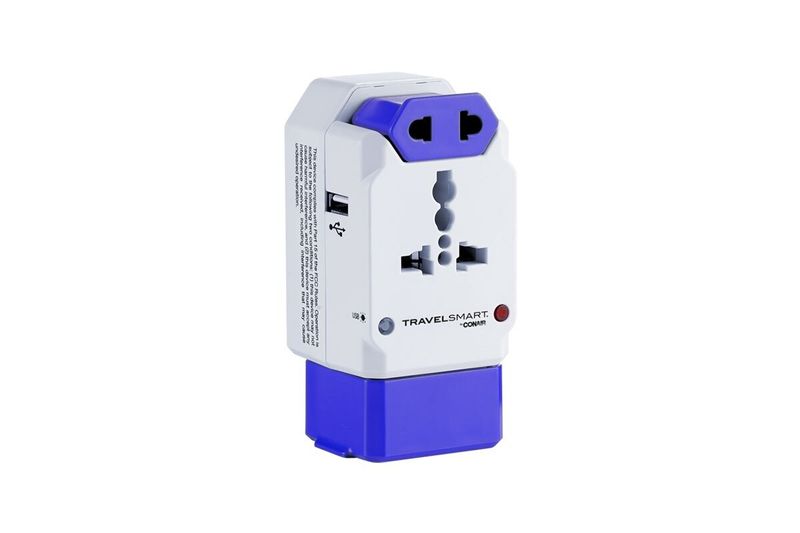 Adaptador universal para cargadores Conair, dispositivo blanco con detalles en azul y puerto USB lateral