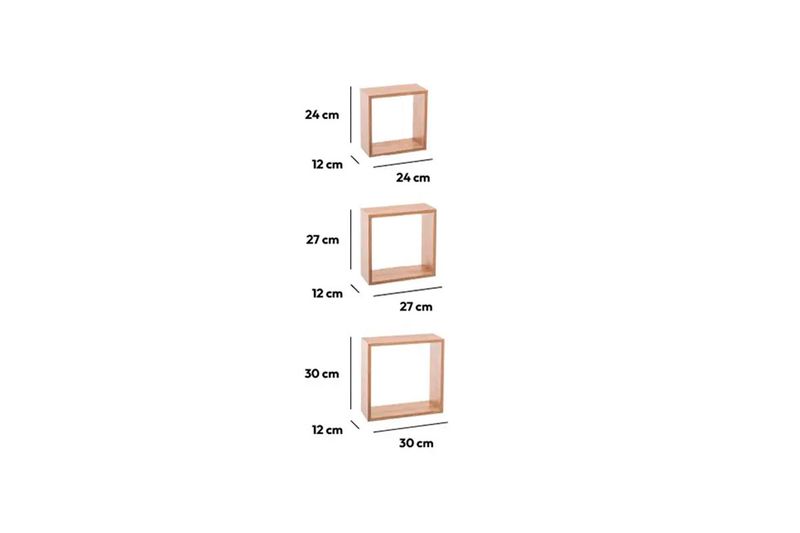 Set repisa de madera Cube madera natural 3 pzs 5five, gráfico con medidas de ancho y alto de los tres tamaños de cubos