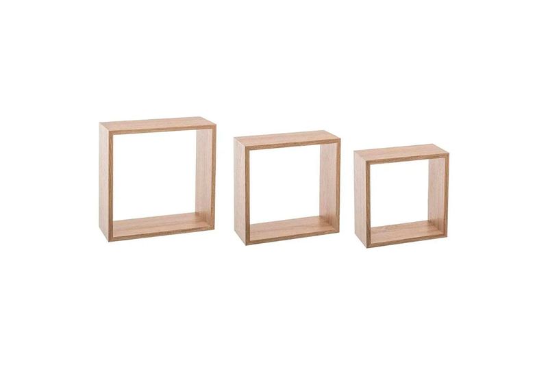Set repisa de madera cube madera natural 3 pzs 5five, tres estantes cuadrados de diferentes tamaños en perspectiva