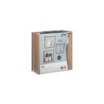 Set repisa de madera cube madera natural 3 pzs 5five, empaque plástico con ilustración de uso y medidas del producto