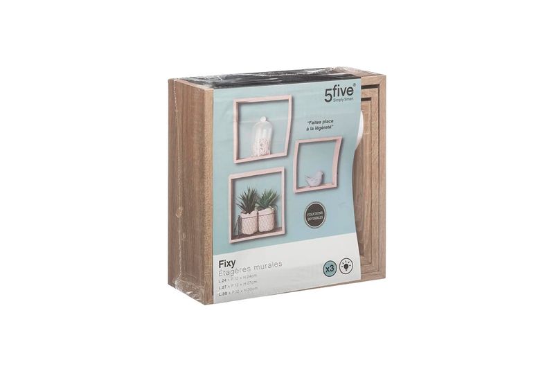 Set repisa de madera cube madera natural 3 pzs 5five, empaque plástico con ilustración de uso y medidas del producto