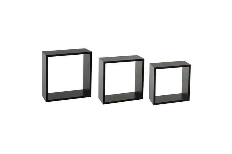 Set repisa de madera Cube negro 3 piezas 5five, tres estantes cuadrados de diferentes tamaños en perspectiva frontal