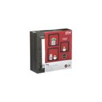 Set repisa de madera cube negro 3 pzs 5five, empaque original con caja roja e ilustración del producto instalado