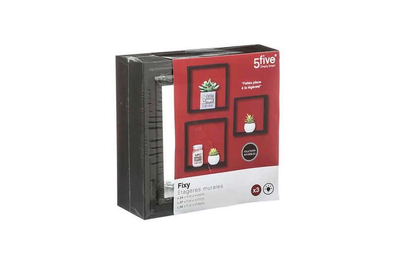 Set repisa de madera cube negro 3 pzs 5five, empaque original con caja roja e ilustración del producto instalado