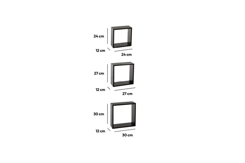 Set repisa de madera cube negro 3 pzs 5five, gráfico con las medidas de ancho, alto y profundidad de cada módulo