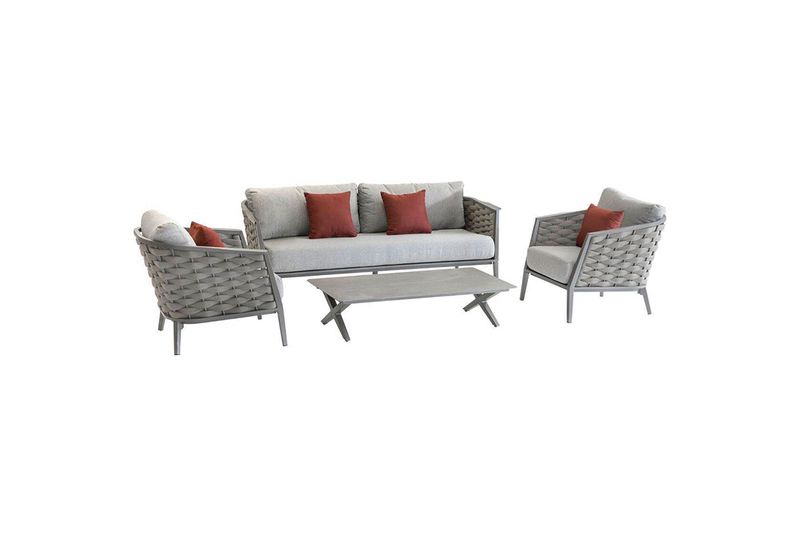 Set de sofá Embruns grafito 5 piezas Hespéride, vista frontal del juego con sofá, dos sillones, mesa y cojines rojos