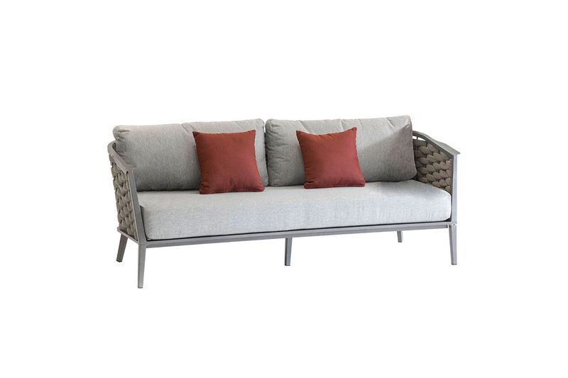 Set de sofá Embruns grafito 5 pz Hespéride, vista frontal del sofá con cojines grises y dos almohadones color terracota