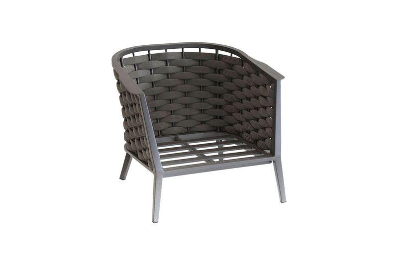 Set de sofá Embruns grafito 5 pz Hespéride, vista frontal de una silla sin cojines mostrando la estructura trenzada