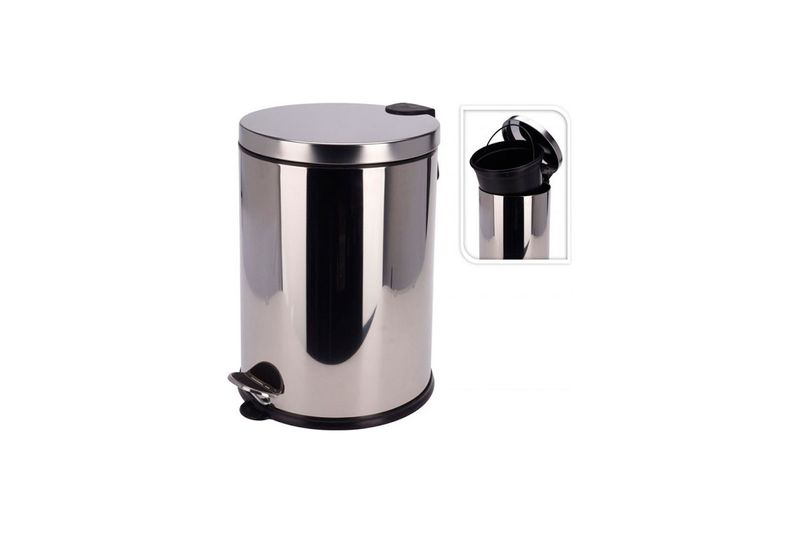 Basurero redondo con tapa y pedal 30 l acero inoxidable Koopman, vista frontal y detalle del cubo interno negro
