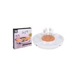 Set de plato para servir porcelana blanca Koopman, junto a su caja con ilustración del producto y accesorios