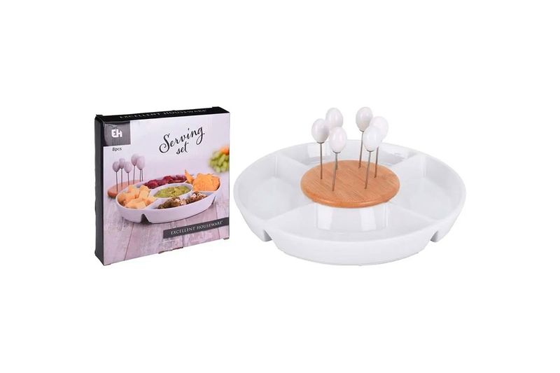 Set de plato para servir porcelana blanca Koopman, junto a su caja con ilustración del producto y accesorios