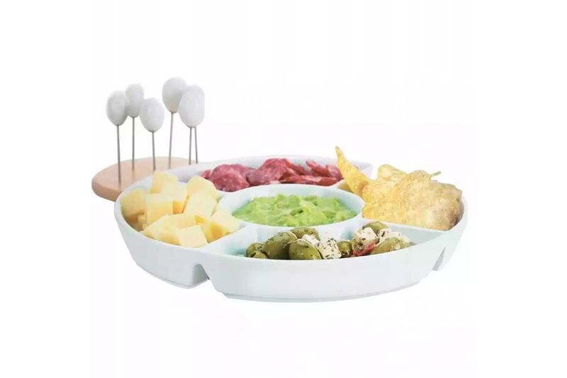 Set de plato para servir porcelana blanca Koopman, plato dividido con quesos, embutidos, guacamole y aceitunas
