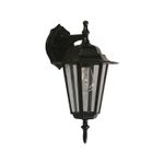 Luminaria exterior pared farol clásico negro 1L E27 100W Ikelite, vista frontal del farol con vidrio transparente y bombillo