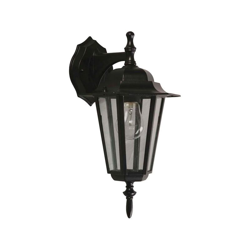 Luminaria exterior pared farol clásico negro 1L E27 100W Ikelite, vista frontal del farol con vidrio transparente y bombillo