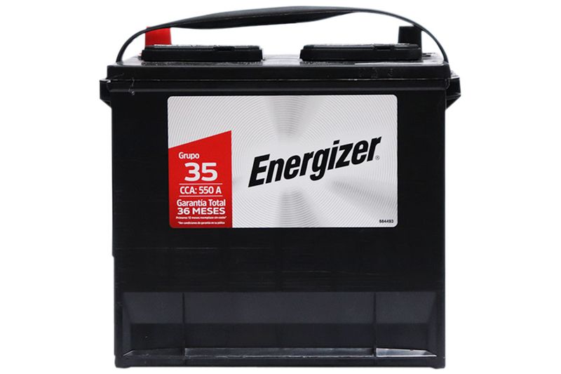 Batería Energizer EN-35-550, CCA 550 amp Energizer, vista frontal de la batería negra con etiqueta blanca y roja
