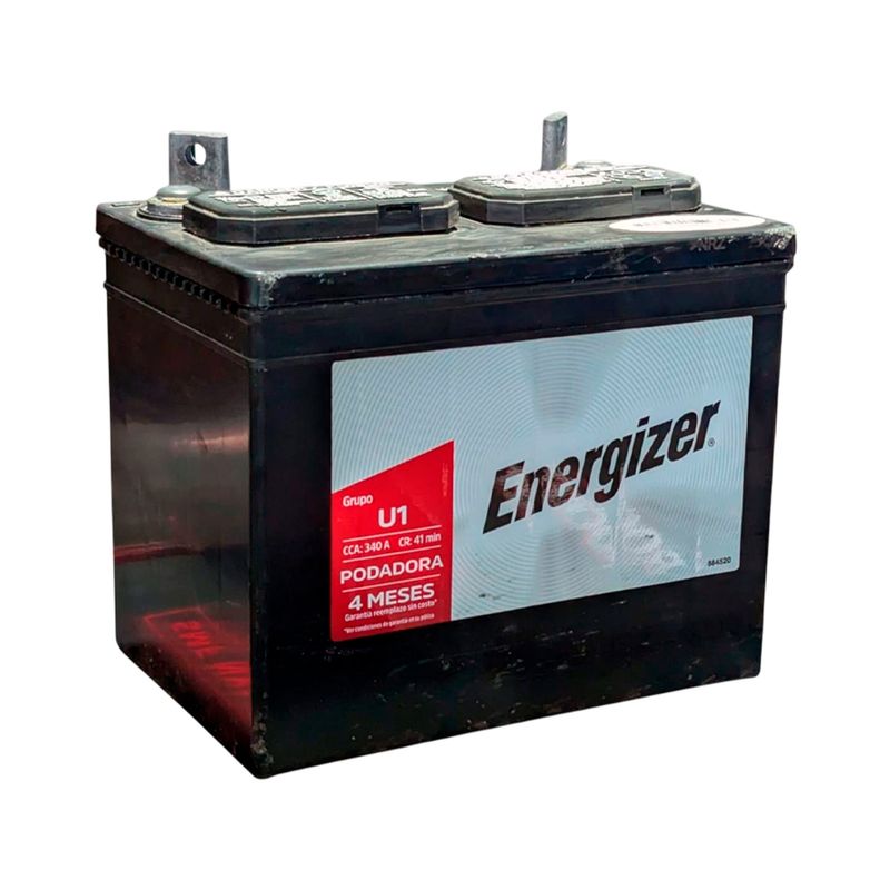 Batería Energizer EN-U1-340, CCA 340 amp, vista frontal en ángulo donde se aprecia la etiqueta roja de podadora