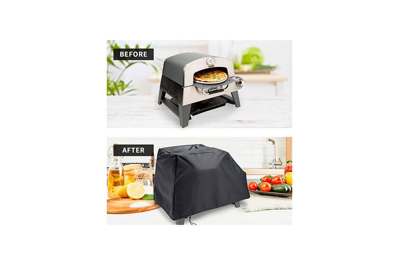Funda para horno pizza 3 en 1 Kingling Cuisinart, composición comparativa del horno descubierto y luego cubierto con la funda