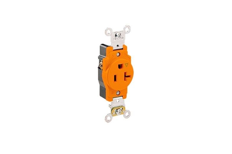 Toma hembra sencillo polar 20 A 125 V naranja Leviton, vista frontal del dispositivo con terminales metálicos