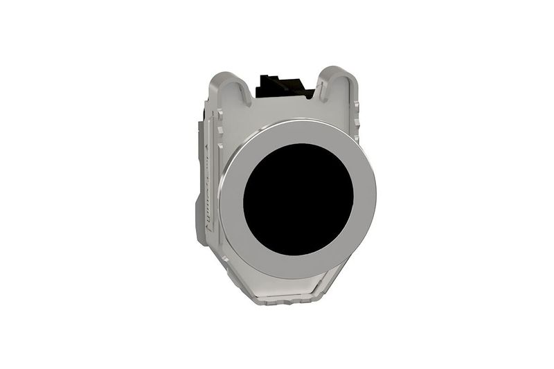 Pulsador flush negro 1 NA 30 mm Square D, vista frontal del botón negro con marco metálico