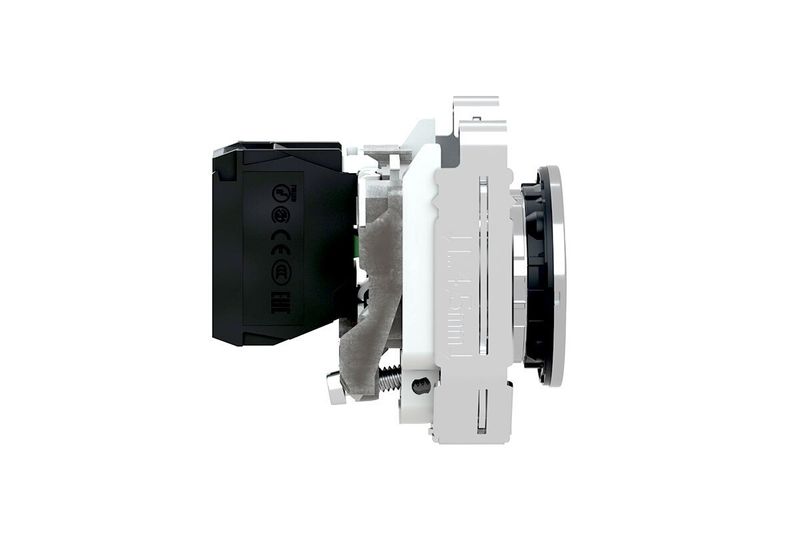 Pulsador flush negro 1 NA 30 mm Square D, vista lateral del mecanismo interno y base de montaje blanca