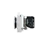 Pulsador flush negro 1 NA 30 mm Square D, vista lateral del mecanismo con bloque de contacto negro y cuerpo blanco