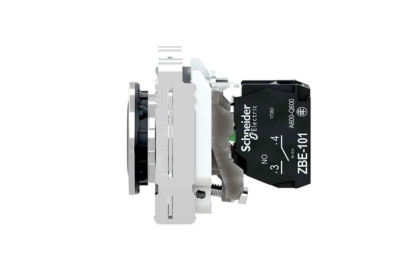 Pulsador flush negro 1 NA 30 mm Square D, vista lateral del mecanismo con bloque de contacto negro y cuerpo blanco