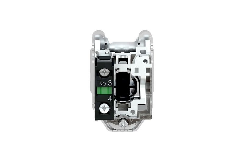 Pulsador flush negro 1 NA 30 mm Square D, vista lateral del mecanismo interno con terminales y contacto verde