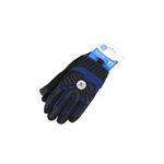 Guante para mecánico azul talla XL contraimpacto General Electric, vista superior del dorso con protectores negros y etiqueta