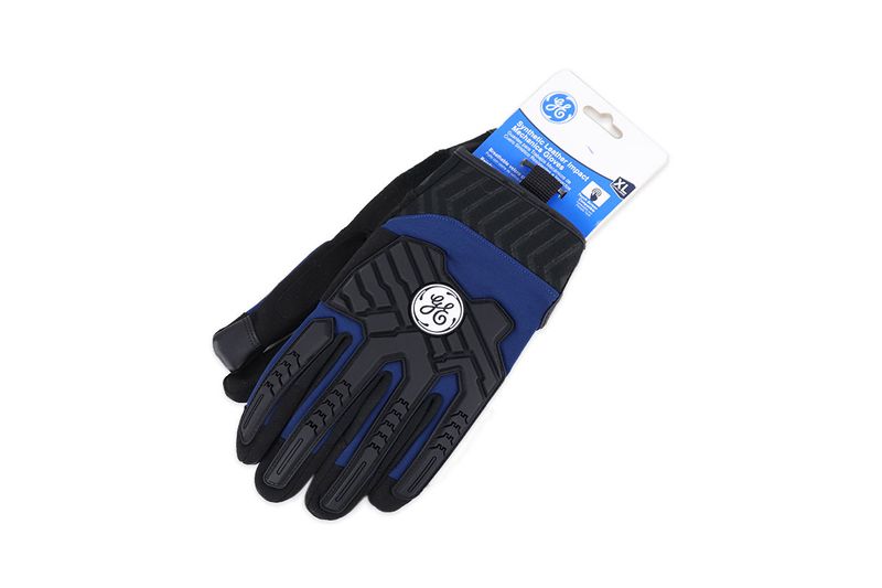 Guante para mecánico azul talla XL contraimpacto General Electric, vista superior del dorso con protectores negros y etiqueta