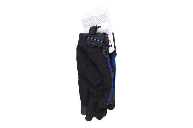 Guante para mecánico General Electric azul talla XL contraimpacto, vista lateral del guante negro con detalles azules