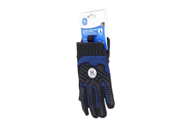 Guante para mecánico azul talla XL contraimpacto General Electric, vista frontal con empaque y refuerzos negros en dedos