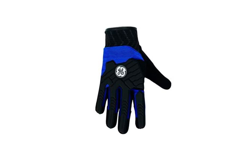 Guante para mecánico General Electric azul talla XL contraimpacto, vista frontal del dorso con protecciones negras