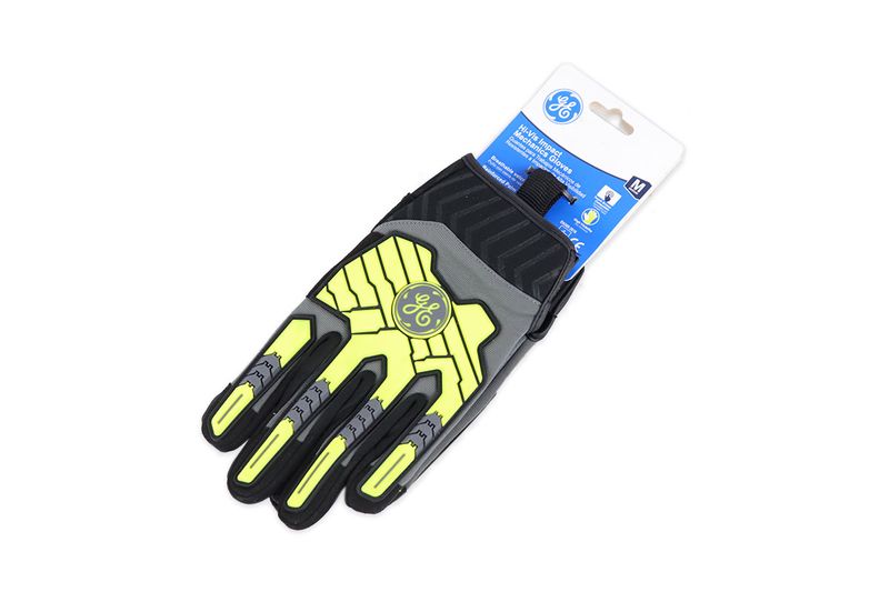 Guante para mecánico General Electric verde talla M contraimpacto, vista superior del guante con su etiqueta colgante
