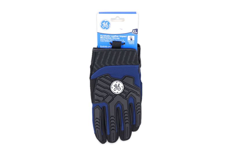 Guante para mecánico azul talla XL contraimpacto General Electric, empacado en blíster con tarjeta informativa