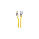 Extensión eléctrica 14/3 15 A 125 V 50 pies amarilla Ace, detalle de los conectores macho y hembra transparentes