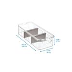 Contenedor para refrigerador de 3 secciones apilable plástico Interdesign, gráfico con dimensiones en pulgadas y centímetros