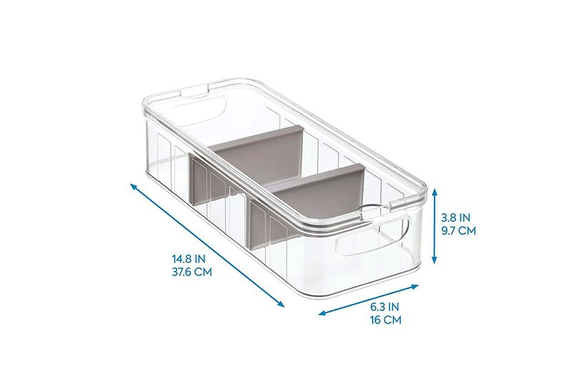 Contenedor para refrigerador de 3 secciones apilable plástico Interdesign, gráfico con dimensiones en pulgadas y centímetros