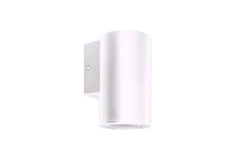 Luminaria de pared Single Cylinder 1xGU10 blanco IP54 Ledvance, vista frontal del cuerpo cilíndrico y base cuadrada