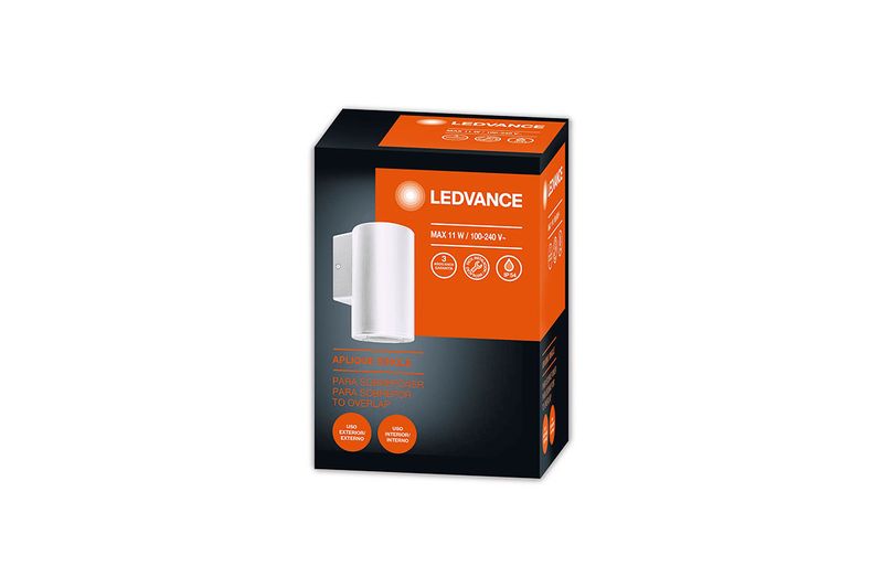 Luminaria de pared Single Cylinder 1xGU10 blanco IP54 Ledvance, caja de empaque negra con detalles naranjas