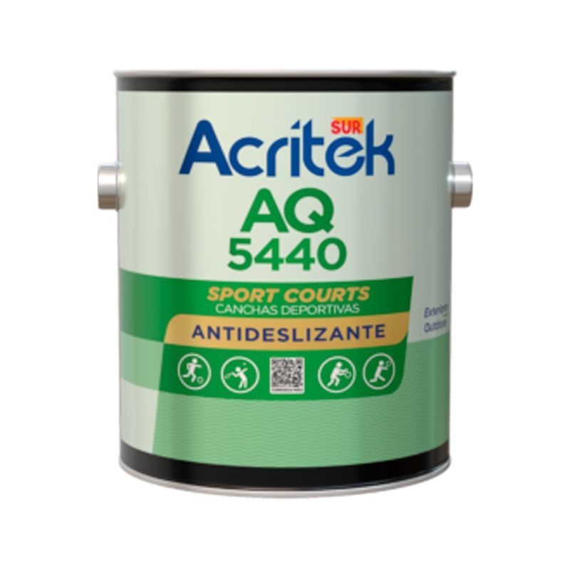 Pintura para cancha antideslizante Acritek AQ5440 azul claro Sur de 1 galón, envase metálico con etiqueta blanca y verde
