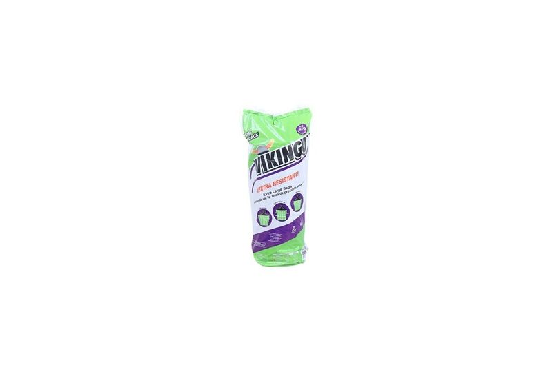 Rollo bolsa de basura Vikingo negro XL 20 unidades, empaque plástico color verde con ilustración de bolsas y basureros