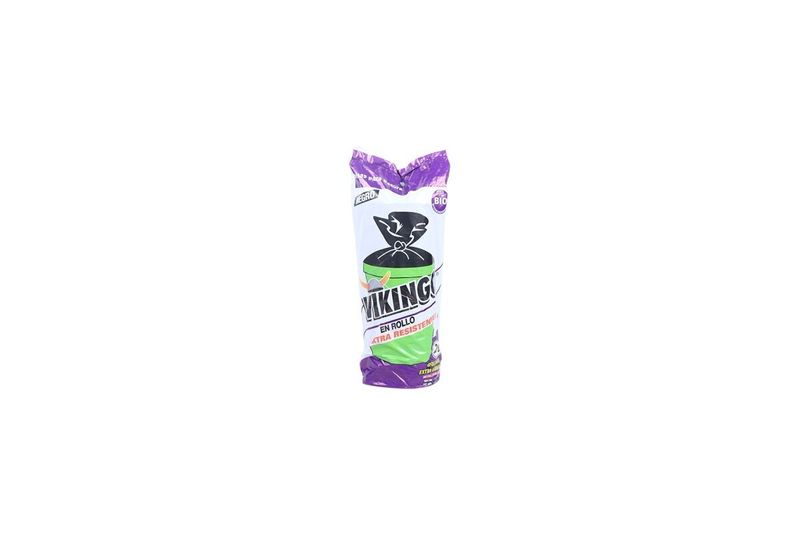 Rollo bolsa de basura Vikingo NG XL 20 unidades, empaque plástico color púrpura y blanco con ilustración de bolsa negra