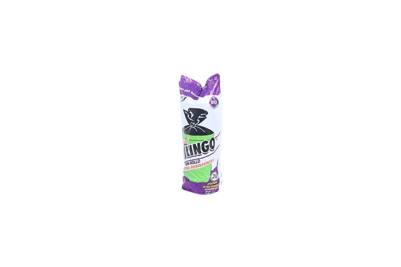 Rollo bolsa de basura Vikingo NG XL 20 unidades, empaque plástico blanco y morado con ilustración de bolsa negra