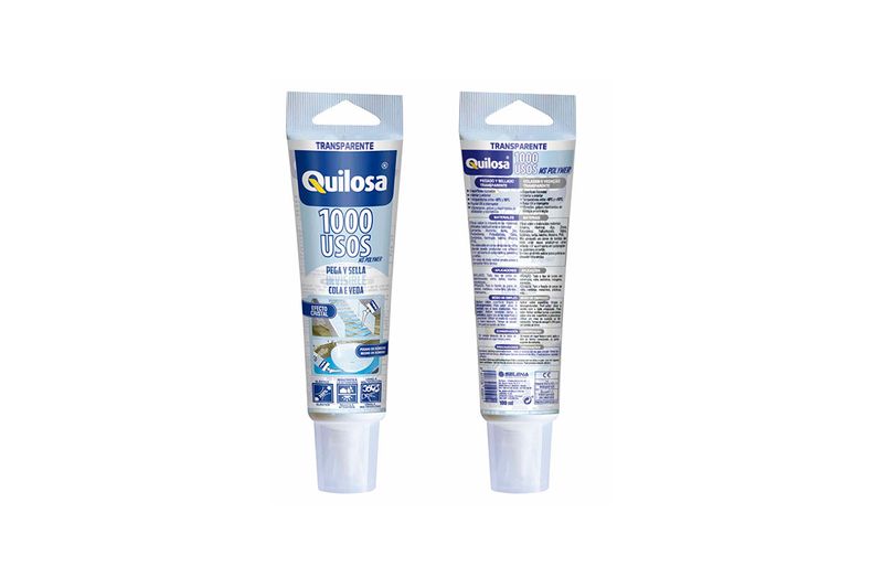 Sellador adhesivo 1000 usos transparente 100 ml Quilosa, vista frontal y posterior del tubo