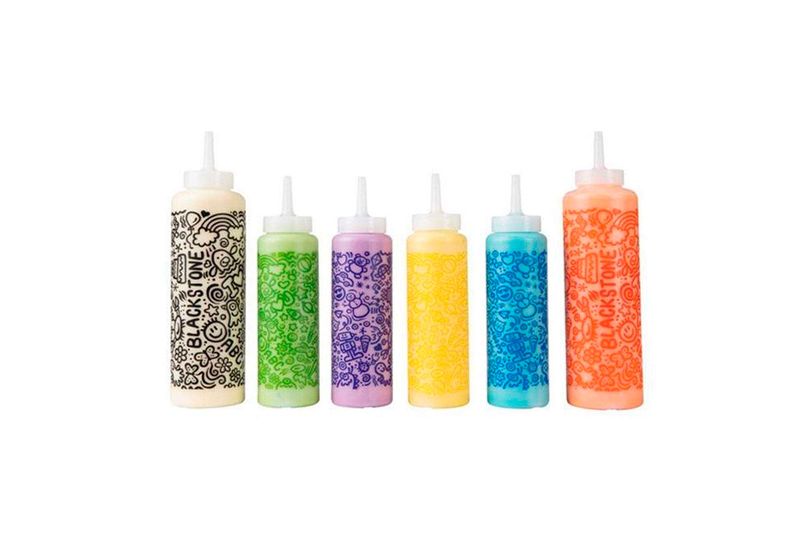 Kit de arte pancake Blackstone, seis botellas dispensadoras de colores blanco, verde, morado, amarillo, azul y naranja