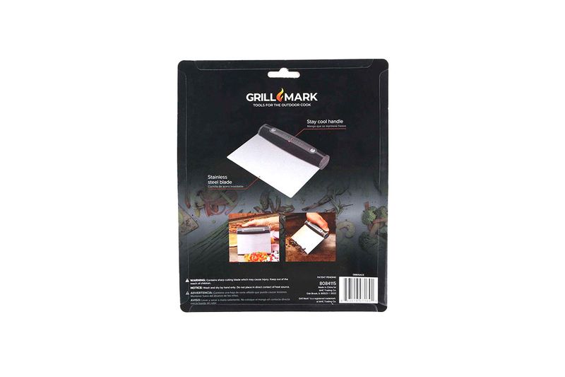 Espátula/cortadora para BBQ Grill Mark, parte trasera del empaque con imágenes de uso y especificaciones técnicas