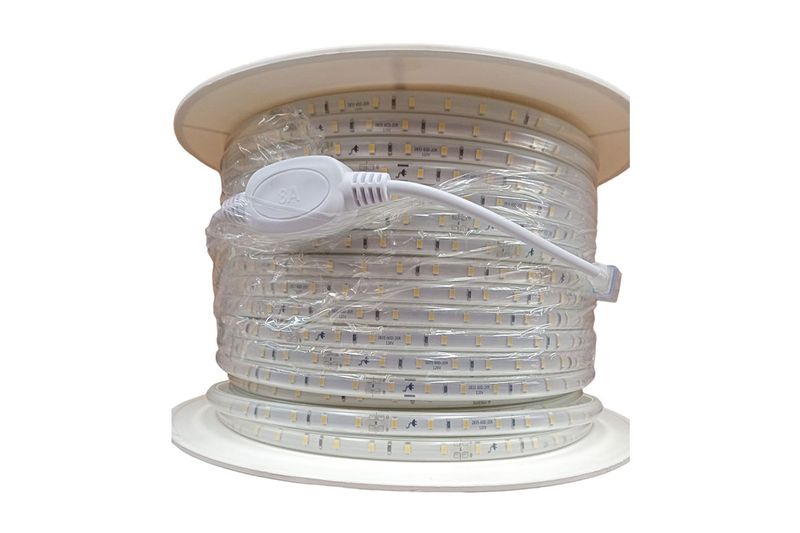Cinta LED exterior rollo 100 metros 6500K IP65 120V Ilukon, rollo blanco con protector plástico y conector eléctrico