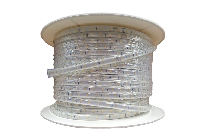 Cinta LED exterior rollo 100 metros 6500K IP65 120V Ilukon, rollo blanco enrollado en carrete plástico con plástico protector