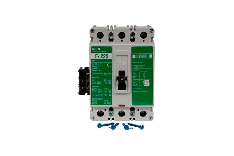 Main breaker 3P Fi CH 480 V 125 Amp-Loc Eaton, vista frontal del dispositivo blanco con palanca y tornillos azules