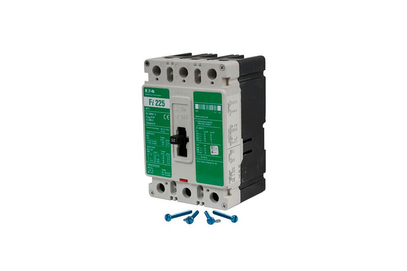 Main breaker 3p fi ch 480 V 125 amp Eaton, vista frontal del equipo con cuatro tornillos azules en la base